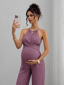 Momance Bộ áo liền quần bà bầu đính hạt gỗ, kiểu cổ yếm, buộc nơ phía trước. - Bụi tím - Xem 5