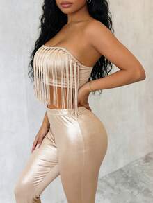 Eryvara 女士时尚优雅流苏装饰抹胸上衣+高腰修身喇叭裤两件套，春夏款 - 香檳色 - 查看 3