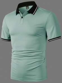 Calvornis 男士鼠尾草綠短袖 Polo 衫，夏季休閒高爾夫球衫，撞色修身 Polo 衫，老錢風，復古夏威夷度假風，儀式感 - 綠色 - 查看 3