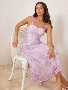 Enchnt 女士碎花褶皱腰身优雅中长吊带连衣裙，适合约会和派对穿着 - 紫丁香色 - 查看 3