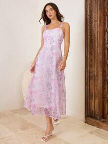 Enchnt 女士碎花褶皱腰身优雅中长吊带连衣裙，适合约会和派对穿着 - 紫丁香色 - 查看 5