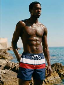 Manfinity KASUA Men's Contrast Color Drawstring Waist Beach Shorts, Summer Men Swim Trunks Mens Swimwear Mens Beachwear Striped Swim Shorts Navy Red White Swim Shorts - Navy Blue - View 5