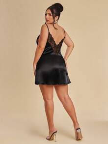 SHEIN BAE Plus Size Women's Black Summer Elegant Aniversário Satin Sleep Dress,Deep V-Neck Lace Patchwork Cami Nightdress With Adjustable Straps And Open Back - Black - View 7