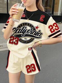 Tween Girl Casual Contrast Color Number 23 Print Short Sleeve Top And Shorts 2 Pieces Set, Suitable For Summer - Multicolor - View 3