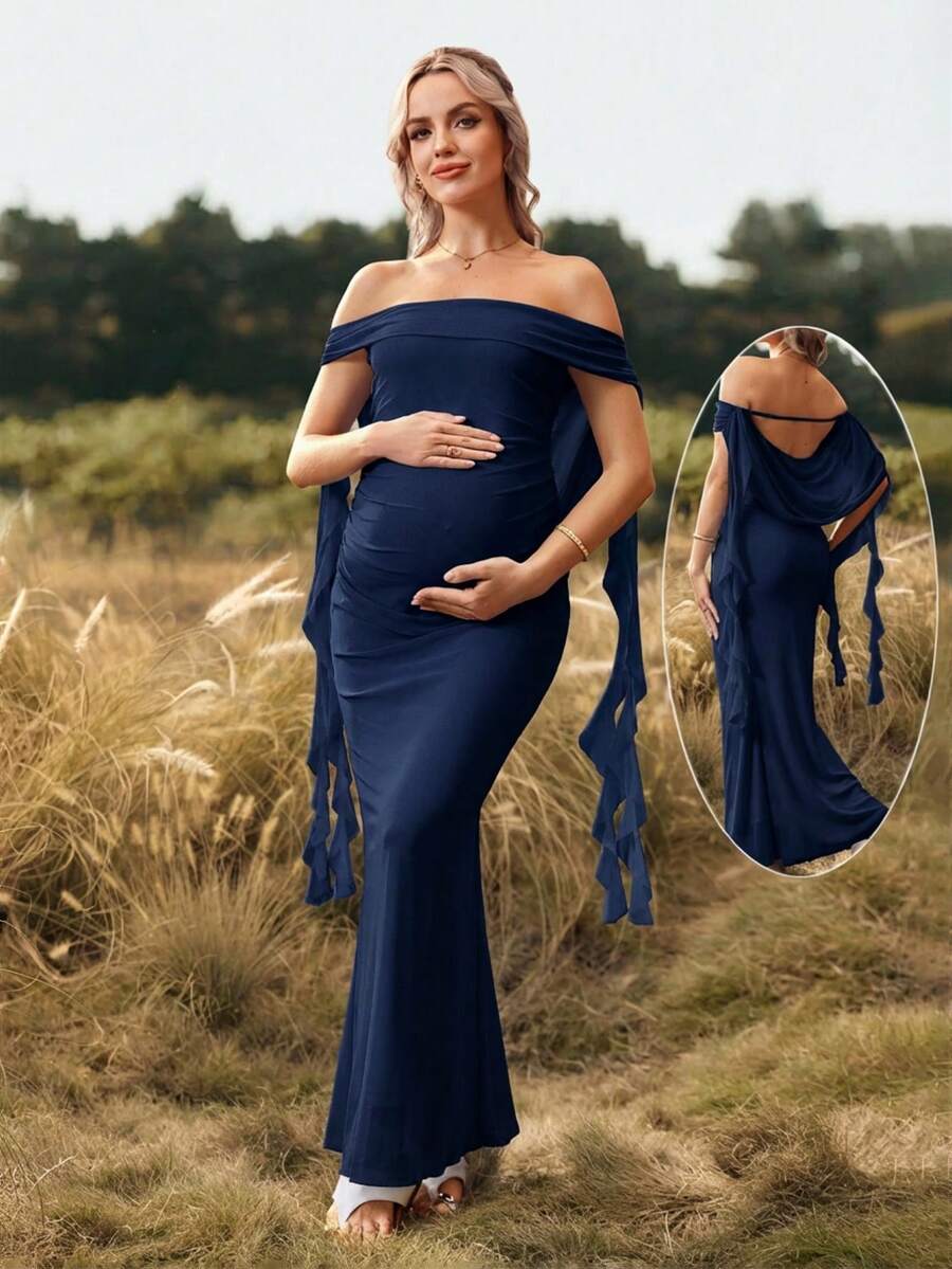 SHEIN Cherish Maternity Solid Color Off-Shoulder Backless Maxi Dress, Maternity Photography Gown - Navy - View 1