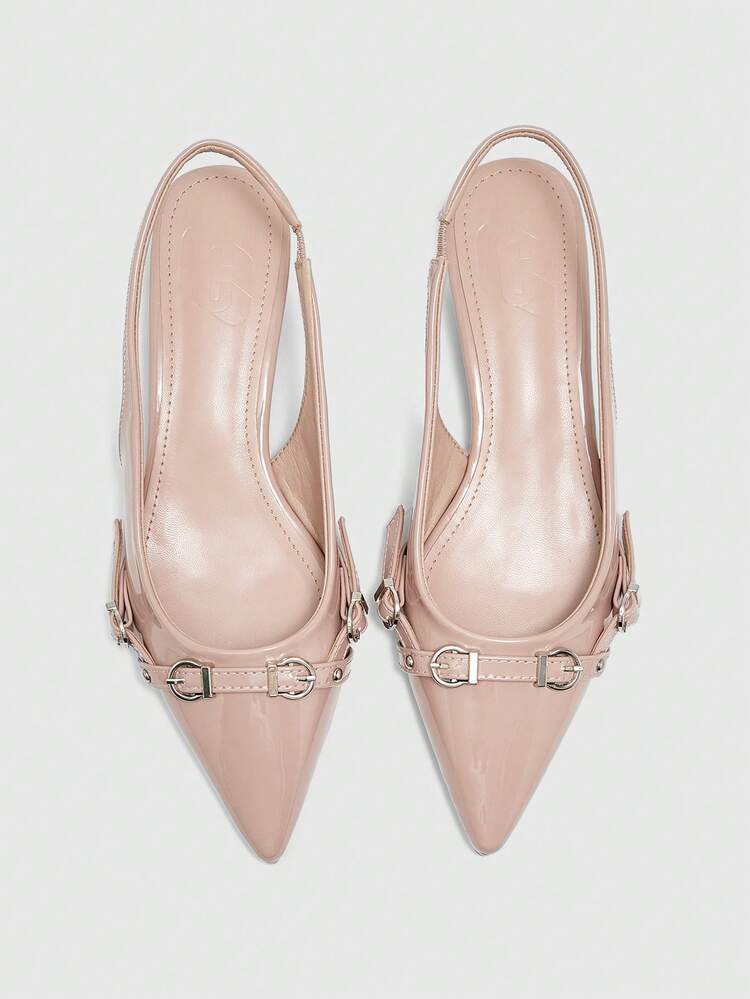CUCCOO BIZCHIC Women Shoes Pointed Thick Heel Apricot Belt Buckle Sexy Fashion Elegant With Skirt Daily Versatile Banquet Party Women Flat Shoes Slingback Shoes