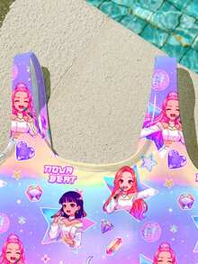 年轻女孩休闲简约卡通女孩比基尼套装，亮紫色，K-Pop 超级明星卡通女孩组合印花比基尼套装，适合夏季穿着 - 彩色 - 查看 4