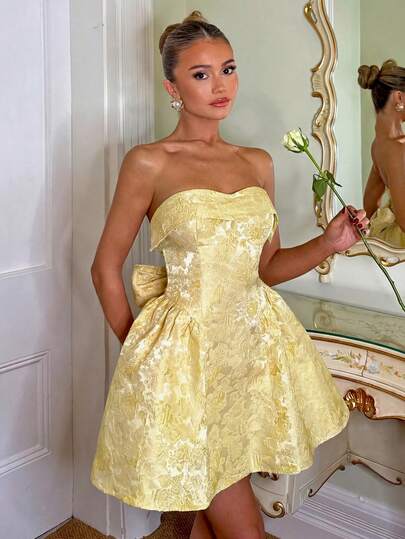 Glamine Charm Vintage Palace Style Women's Pink Jacquard Irregular Off-Shoulder A-Line Mini Dress With Waist Tie And Bow Decor, Suitable For Party, Birthday, Banquet, Garden Party, Wedding, Bridal Shower, Afternoon Tea, Cocktail Party, Pink Party