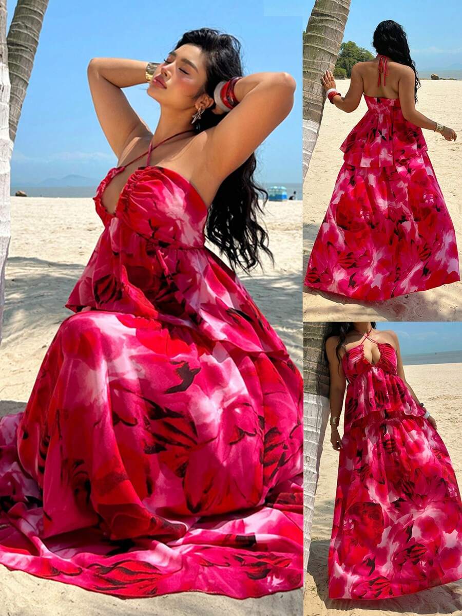 Sunnyshic 春夏时尚度假优雅印花露背吊带背心搭配伞裙长裙，收腰性感两件套，露背沙滩女装 - 彩色 - 查看 1