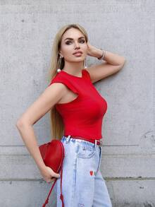 Elenary Edit Women Summer Casual Solid Color 2 In 1 T-Shirt Valentine's Day - Red - View 5