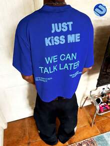 TOKVUE 街头休闲红色标语3D刺绣白色宽松T恤 - 寶藍色 - 查看 1