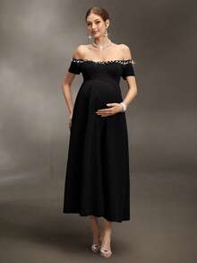 Cheriluna Maternity 孕妇写真礼服，露肩珍珠领短袖上衣，修身胸衣，A字开衩裙摆至大腿，长款连衣裙 - 黑色 - 查看 3