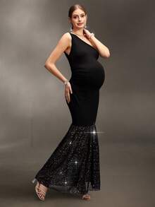 Cheriluna Maternity Maternity Photoshoot Dress, One-Shoulder Fitted Design With Pleated Hem, Metallic Foil Chiffon Fabric, Long Dress - Black - View 1