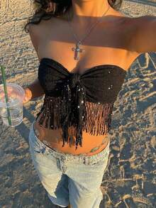 Muchica 女士夏季时尚度假风黑色亮片流苏打结露脐抹胸上衣 - 黑色 - 查看 5