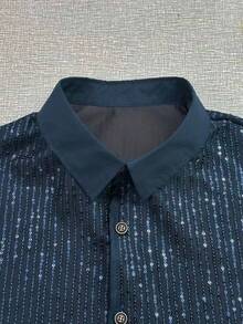 Manfinity AFTRDRK Áo sơ mi nam dự tiệc màu trơn đính sequin, kiểu dáng đơn giản. - Màu xanh hải quân - Xem 3