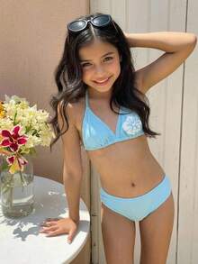 SHEIN Bộ bikini dây mảnh buộc cổ màu xanh trơn in họa tiết dành cho bé gái tuổi teen, đồ đi biển mùa hè, bộ bikini buộc cổ, đồ bơi đi biển mùa hè - Màu xanh lam - Xem 4