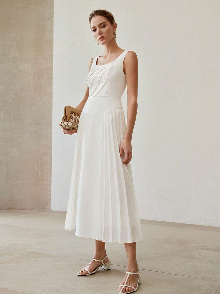 MINIMALIST ELEGANT PLEATED HEM SPLICE SOFT SLEEVELESS WAIST CINCHED DRESS