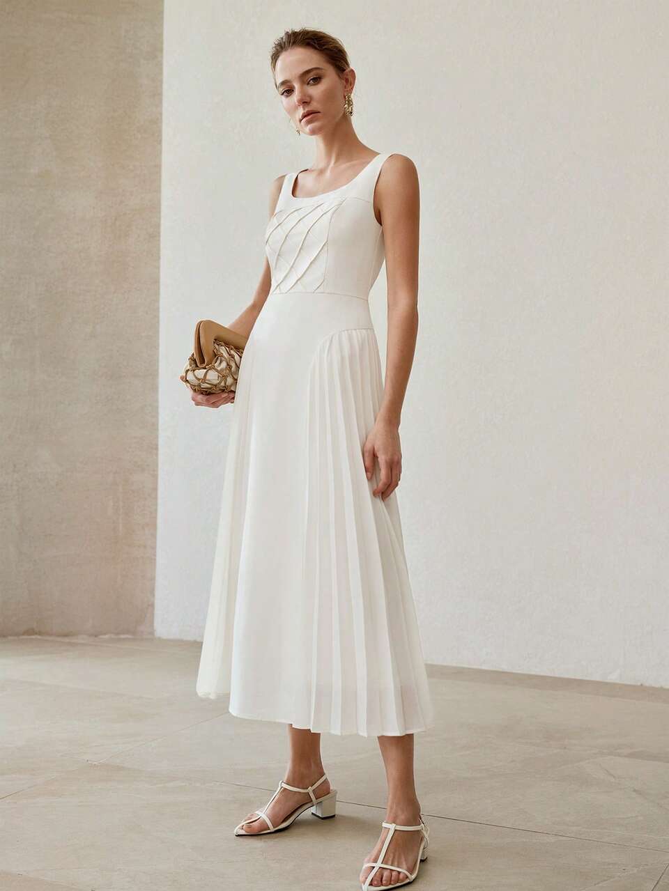 MINIMALIST ELEGANT PLEATED HEM SPLICE SOFT SLEEVELESS WAIST CINCHED DRESS