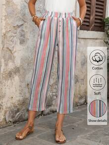 EMERY ROSE 女士休闲度假通勤撞色条纹印花弹力腰侧口袋七分裤 - 彩色 - 查看 9