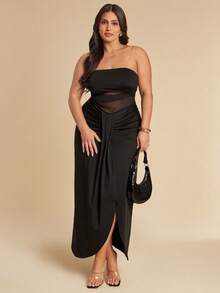 SHEIN BAE Große Größen Damen Schwarzes Mesh Patchwork Kleid - Schwarz - Übersicht 1
