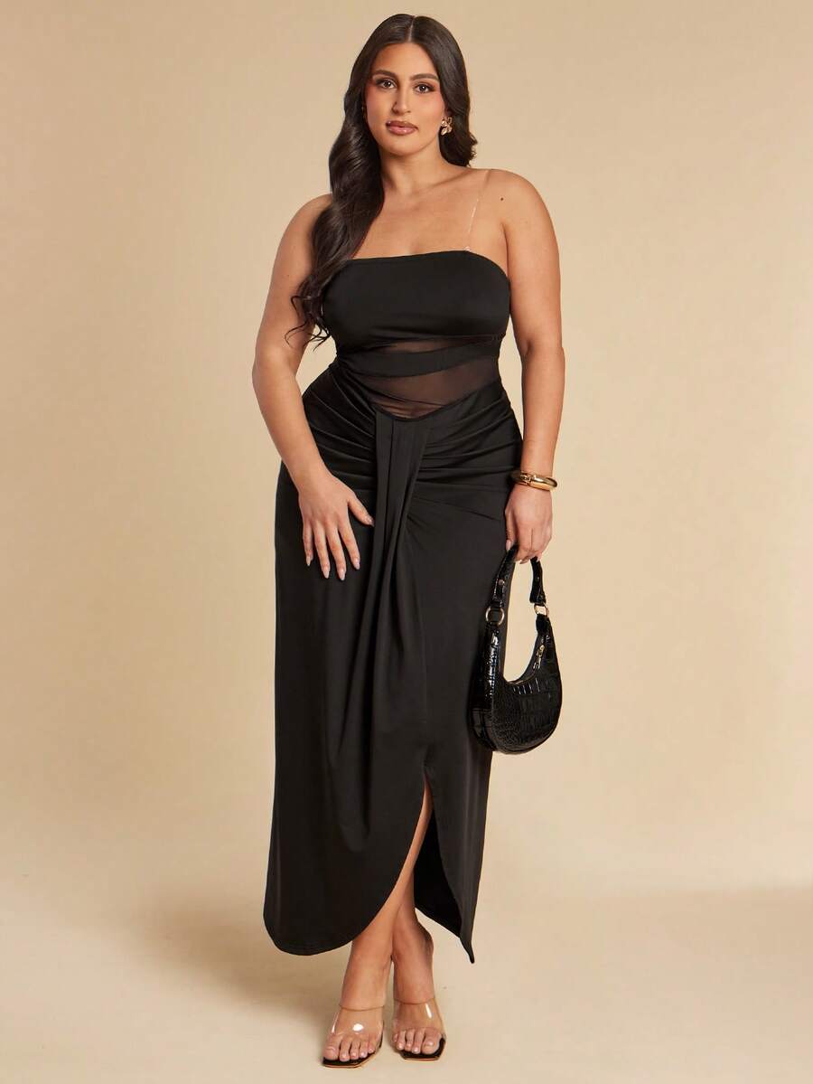 SHEIN BAE Große Größen Damen Schwarzes Mesh Patchwork Kleid - Schwarz - Übersicht 1