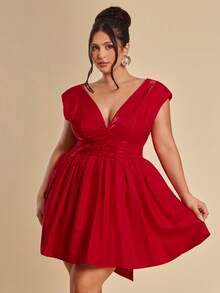SHEIN BAE Sweet Plus-Size Dress With Red Bow For Valentine's Day In Spring/Summer. - Red - View 6