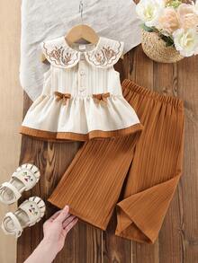 SHEIN 2 Pieces Baby Girl Casual Floral Embroidered Lapel Sleeveless Top And Pants Set Suitable For Spring And Summer, Outdoor Travel Daily Wear - Apricot - View 3