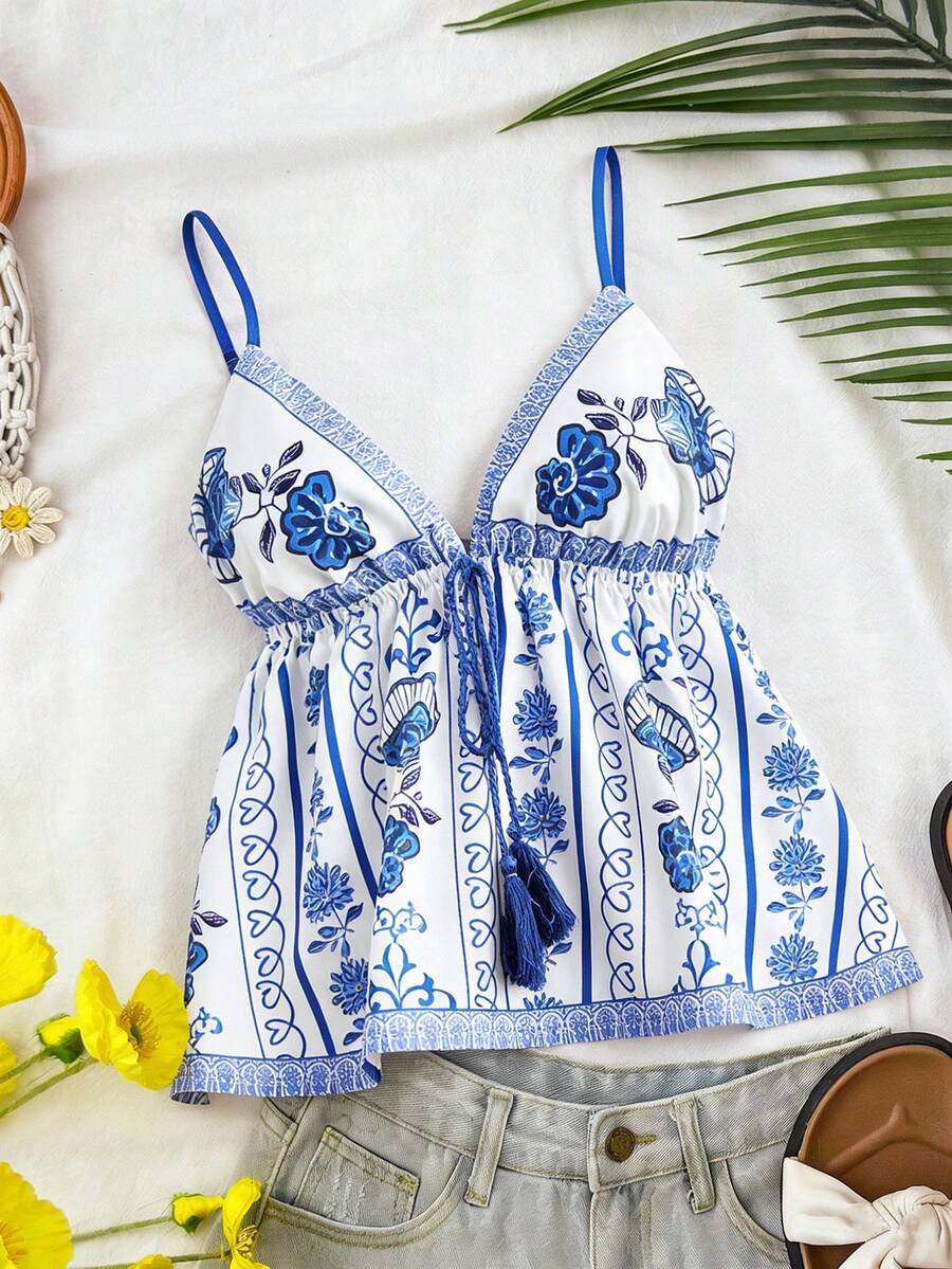 Travachic 女款白色與藍色花卉夏季波希米亞風度假細肩帶背心,度假海灘上衣,優雅派對婚禮賓客,休閒日常穿著春季 - 藍白色 - 查看 1