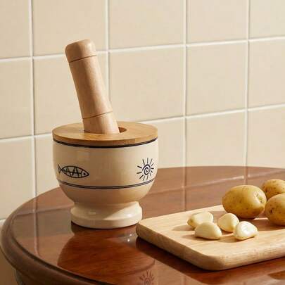 Cirelle Vintage Ceramic Garlic Mortar And Pestle, Manual Garlic Grinder, For Garlic, Chili, Pepper, Medicine, Century Eggs, Home Kitchen Grinding Tool