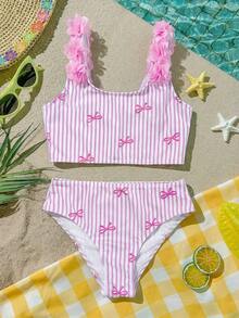 SHEIN Bộ đồ bơi kẻ sọc nơ cho bé gái tuổi teen - Hồng - Xem 4