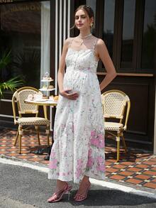 Momance Maternity Floral Print Ruched Casual Vacation Sleeveless Dress - Multicolor - View 3