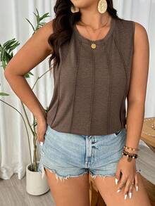 EMERY ROSE Plus Size Comfortable & Fashionable Crew Neck Camisole, Versatile For Commute, Dating, Vacation, Elegant & Slimming - Brown - View 3