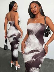 SHEIN SXY Vestido tubo ajustado con estampado de figura de color oscuro para mujer de talla grande - Blanco y Negro - Ver 3