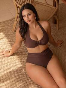 Swim Chiccia 2026 Spring/Summer New Sexy Deep V-Neck Design Brown Solid Color Bikini Swimsuit Set, Beach Outfit - Brown - View 3