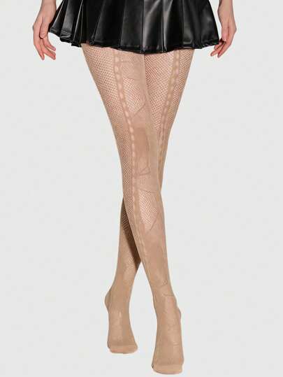 ROMWE 1pair Gothic Rose Lace Jacquard Hollow Out Fishnet Socks, For Women, All Season, Halloween