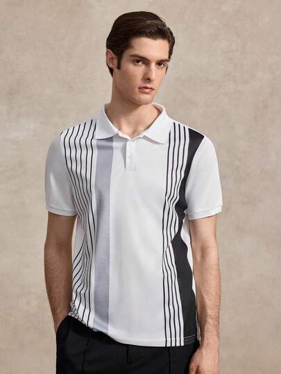 Courvante 男士简约条纹领短袖度假拼色 Polo 衫，适合日常穿着，适合丈夫