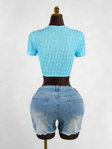 Lyxana Women's Fashion Round Neck Special Fabric Metal Buckle Pleated Cropped Short Sleeve T-Shirt, Suitable For Casual Outings, Music Festivals, Parties - Blue - View 2