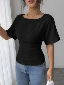 SHEIN Elenzya 女士优雅系带束腰T恤，夏季新款 - 黑色 - 查看 3