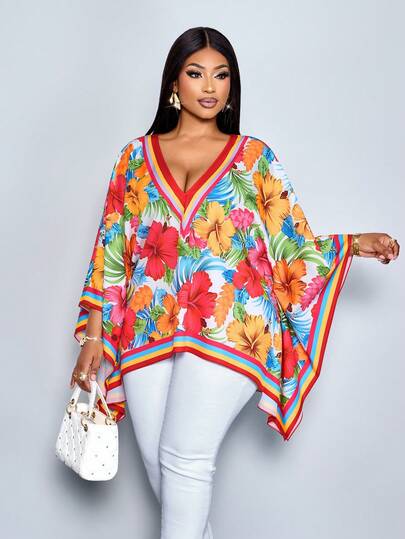 SOLERSUN Blusa holgada de estilo tropical con cuello en V y mangas de murciélago para vacaciones de verano en la playa, vacaciones tropicales de resort