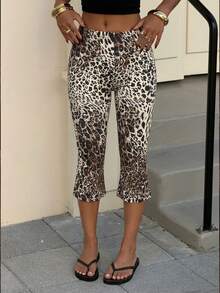 Muchica Women's Fashionable Leopard Print Slim Fit Capri Pants - Brown - View 3