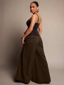 Vixey 高腰侧褶阔腿束口办公裤 - 咖啡棕 - 查看 3