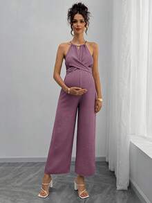 Momance Bộ áo liền quần bà bầu đính hạt gỗ, kiểu cổ yếm, buộc nơ phía trước. - Bụi tím - Xem 3