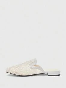 CUCCOO BIZCHIC 女士方头舒适时尚米色蕾丝平底乐福鞋、一脚蹬穆勒鞋、百搭休闲及工作平底鞋 - 米色 - 查看 9