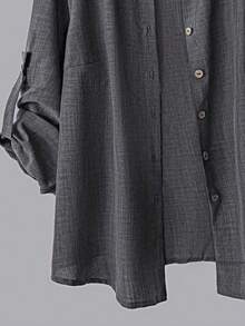 SHEIN LUNE 大码女式休闲两件套，纯色翻领单排扣休闲通勤衬衫和高腰宽松阔腿裤套装 - 灰色 - 查看 8