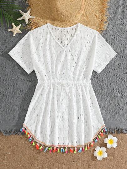 Sparklyn Teen Girl Fringe Decorated Cover Up Summer Holiday Summer White Swim Bohemian Summer Holiday Cute