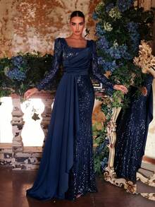 Aureia 优雅、浪漫、高贵、奢华的蓝色亮片缎面拼接褶皱装饰连衣裙，适合节日、度假、生日派对、婚礼、正式晚宴等场合。 - 藏蓝色 - 查看 4