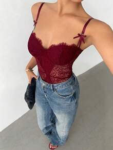 Aloruh Women's Lace & Mesh Patchwork Sexy Bodysuit - Burgundy - View 5