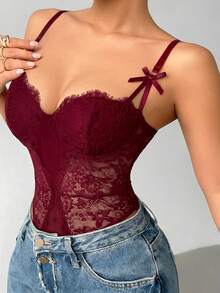Aloruh Women's Lace & Mesh Patchwork Sexy Bodysuit - Burgundy - View 7