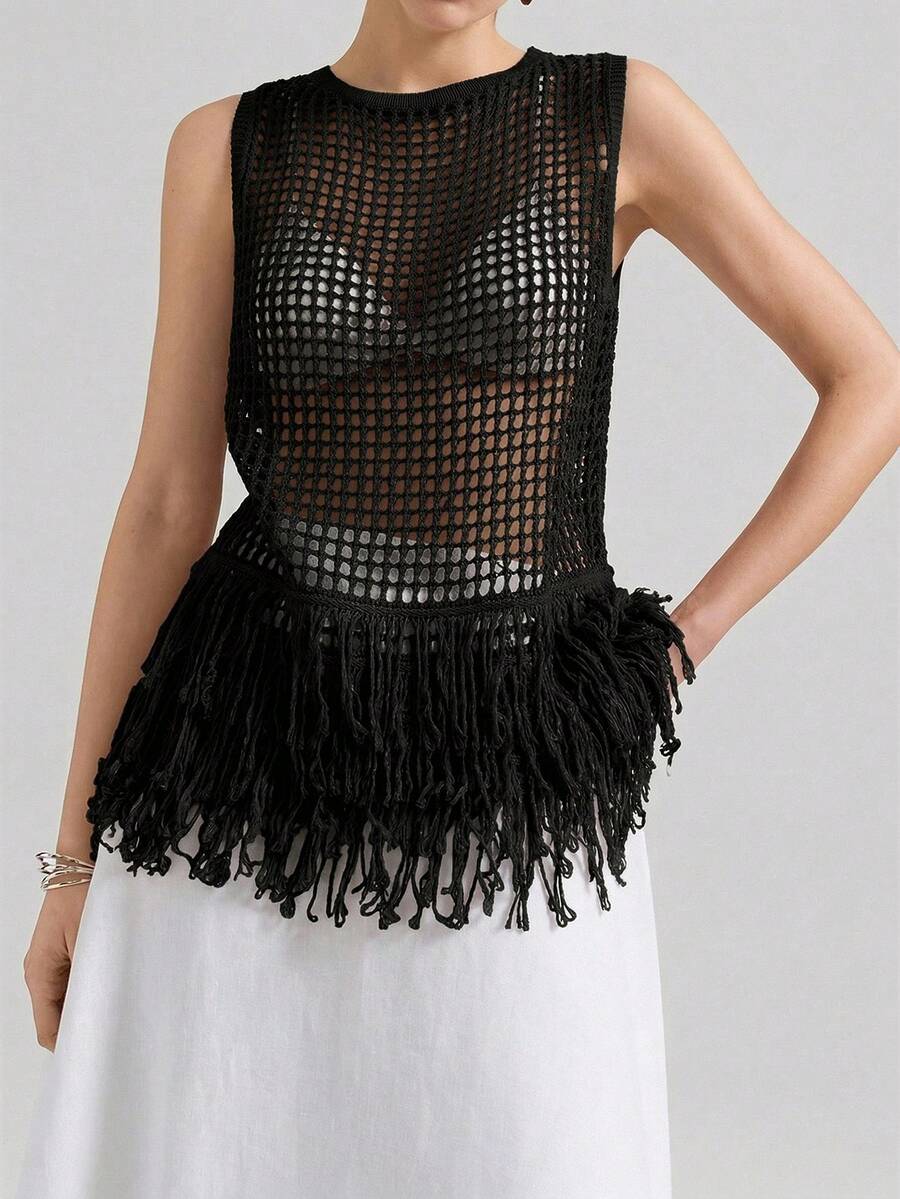 Ontre 2026春夏新款波西米亚风女装，流苏下摆镂空无袖针织背心，亚麻套头针织吊带衫，V领设计度假风女装，乡村音乐节波西米亚风服装 - 黑色 - 查看 1