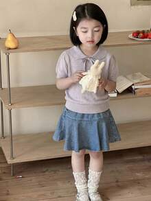 Dazy Kids 女童镂空针织娃娃领短袖针织上衣，春秋季休闲款 - 淡紫色 - 查看 2